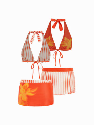 Halter Neckline Reversible Floral Three Piece Bikini Set with Skirt