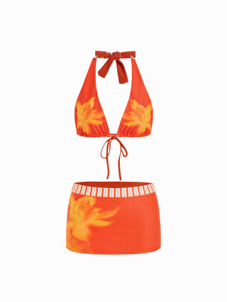 Halter Neckline Reversible Floral Three Piece Bikini Set with Skirt