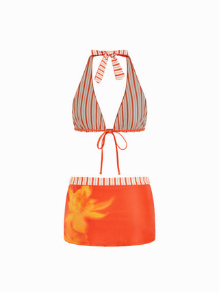 Halter Neckline Reversible Floral Three Piece Bikini Set with Skirt