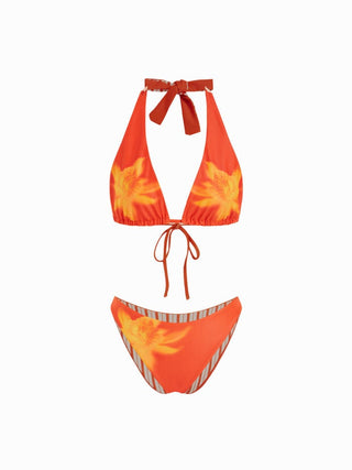 Halter Neckline Reversible Floral Three Piece Bikini Set with Skirt