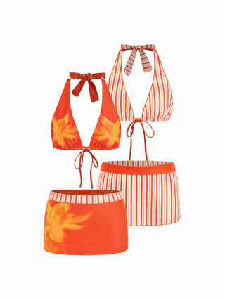 Halter Neckline Reversible Floral Three Piece Bikini Set with Skirt