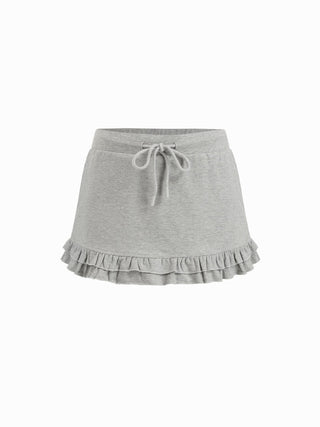 Cotton-blend Low Rise Ruffled Drawstring Bodycon Mini Skirt