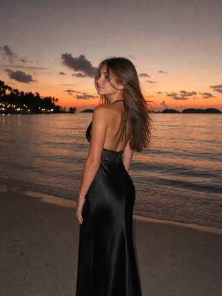 Satin Polka Dot V-neck Lace Panel Mermaid Maxi Dress