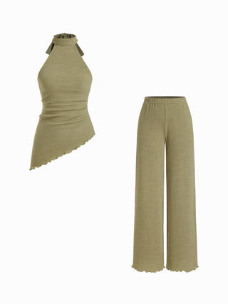Textured Halter Neck Asymmetrical Top & Low Rise Straight Leg Trousers Set