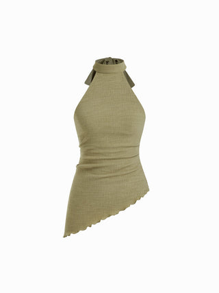 Textured Halter Neck Asymmetrical Top & Low Rise Straight Leg Trousers Set