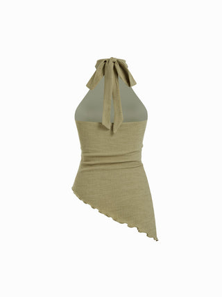 Textured Halter Neck Asymmetrical Top & Low Rise Straight Leg Trousers Set