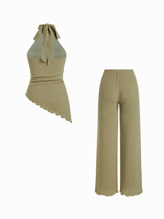 Textured Halter Neck Asymmetrical Top & Low Rise Straight Leg Trousers Set