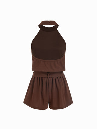Halter Neckline Backless Pleated Mid Rise Romper With Belt