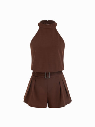 Halter Neckline Backless Pleated Mid Rise Romper With Belt