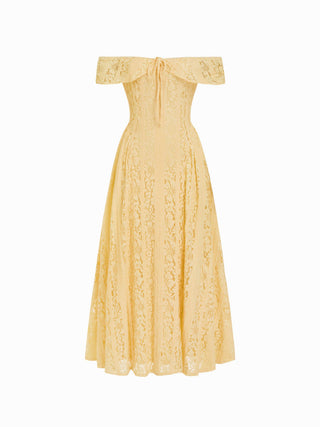 Lace Sculptural Off-Shoulder Knotted Flared Maxi Dress