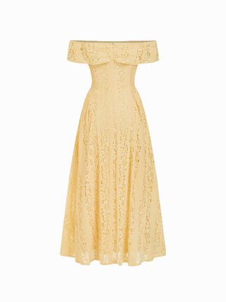 Lace Sculptural Off-Shoulder Knotted Flared Maxi Dress