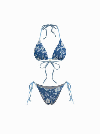 Halter Neckline Floral Stripe Tie Side Bikini Set with Shell