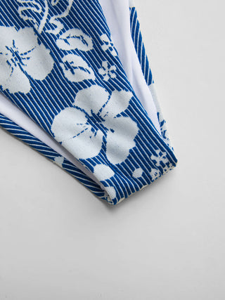 Halter Neckline Floral Stripe Tie Side Bikini Set with Shell