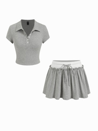 Cotton-blend Polo Neck Crop Top & Low Rise Ruffle Mini Skirt Set