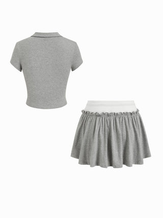 Cotton-blend Polo Neck Crop Top & Low Rise Ruffle Mini Skirt Set