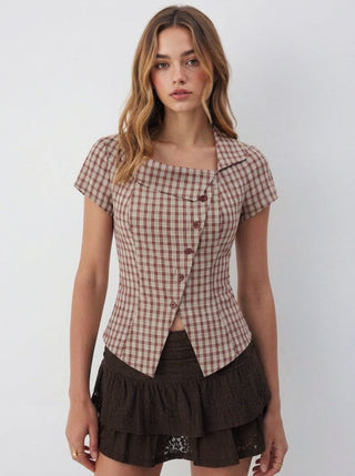 Cotton Plaid Asymmetrical Neckline Short Sleeve Blouse