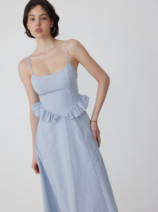 Cotton-blend Gingham Scoop Neck Ruffle Bowknot Flared Maxi Dress