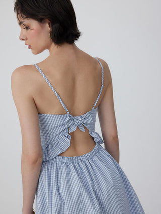 Cotton-blend Gingham Scoop Neck Ruffle Bowknot Flared Maxi Dress