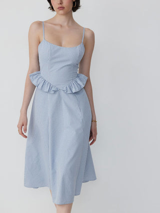 Cotton-blend Gingham Scoop Neck Ruffle Bowknot Flared Maxi Dress