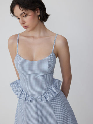 Cotton-blend Gingham Scoop Neck Ruffle Bowknot Flared Maxi Dress