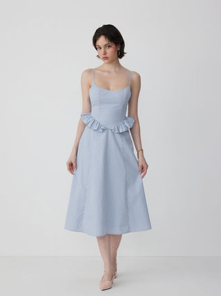 Cotton-blend Gingham Scoop Neck Ruffle Bowknot Flared Maxi Dress