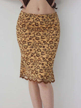 Flocking Lace Low Rise Floral Mermaid Midi Skirt