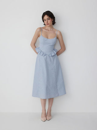 Cotton-blend Gingham Scoop Neck Ruffle Bowknot Flared Maxi Dress