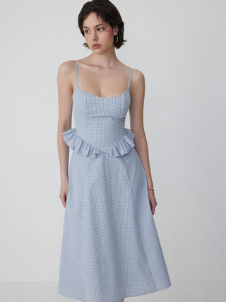 Cotton-blend Gingham Scoop Neck Ruffle Bowknot Flared Maxi Dress