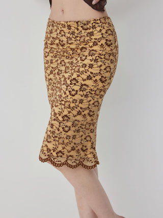 Flocking Lace Low Rise Floral Mermaid Midi Skirt