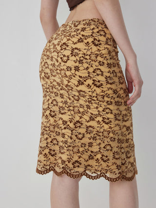 Flocking Lace Low Rise Floral Mermaid Midi Skirt