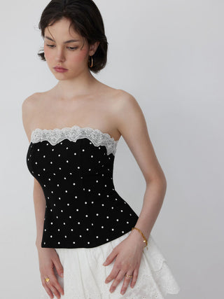Cotton-blend Polka Dot Lace Trim Bandeau Top