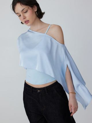 Satin Asymmetrical Neck Short Sleeve Cape Blouse