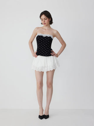 Cotton-blend Polka Dot Lace Trim Bandeau Top