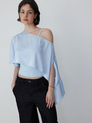 Satin Asymmetrical Neck Short Sleeve Cape Blouse