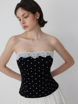 Cotton-blend Polka Dot Lace Trim Bandeau Top