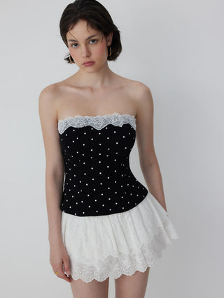 Cotton-blend Polka Dot Lace Trim Bandeau Top