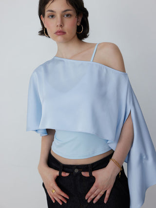 Satin Asymmetrical Neck Short Sleeve Cape Blouse