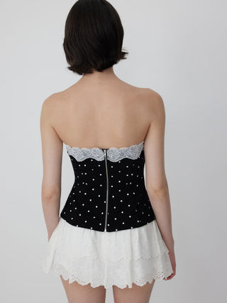 Cotton-blend Polka Dot Lace Trim Bandeau Top