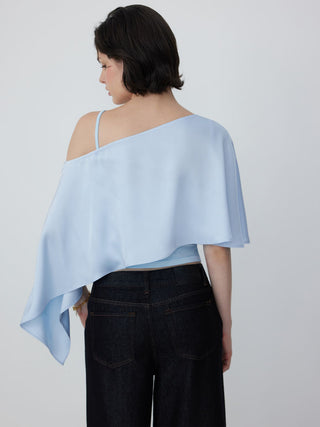 Satin Asymmetrical Neck Short Sleeve Cape Blouse