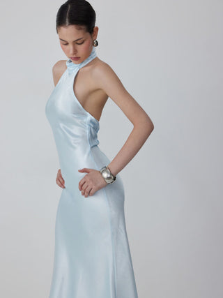 Satin Halter Neckline Backless Mermaid Maxi Mermaid Dress