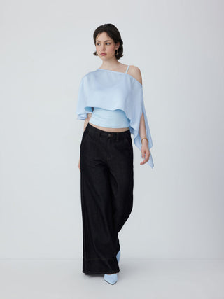 Satin Asymmetrical Neck Short Sleeve Cape Blouse