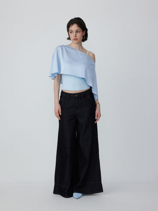 Satin Asymmetrical Neck Short Sleeve Cape Blouse