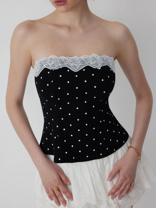 Cotton-blend Polka Dot Lace Trim Bandeau Top