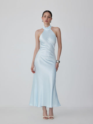 Satin Halter Neckline Backless Mermaid Maxi Mermaid Dress