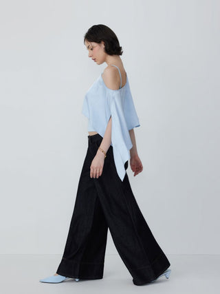 Satin Asymmetrical Neck Short Sleeve Cape Blouse