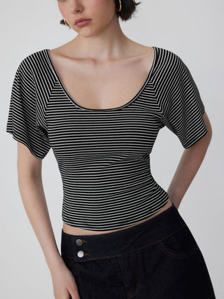 Viscose Scoop Neck Backless Short Sleeve Top