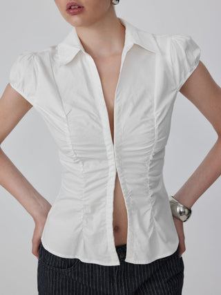 Cotton-blend Ruched Puff Sleeve Longline Blouse