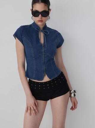Stretch Denim Stand Collar Short Sleeve Bowknot Zip Up Blouse