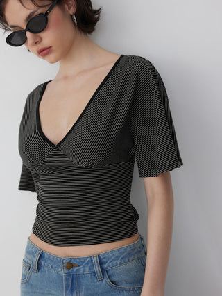 Lyocell-blend Striped V-neck Cloak Sleeve Ruched Tie Back Top