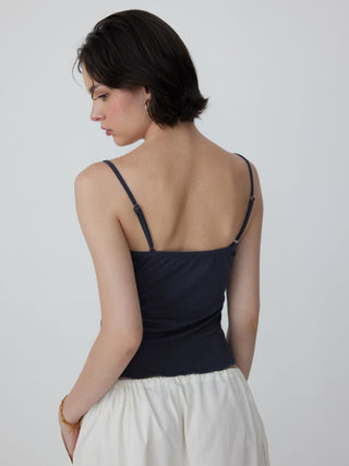 Textured V-neck Lace Trim Cami Top